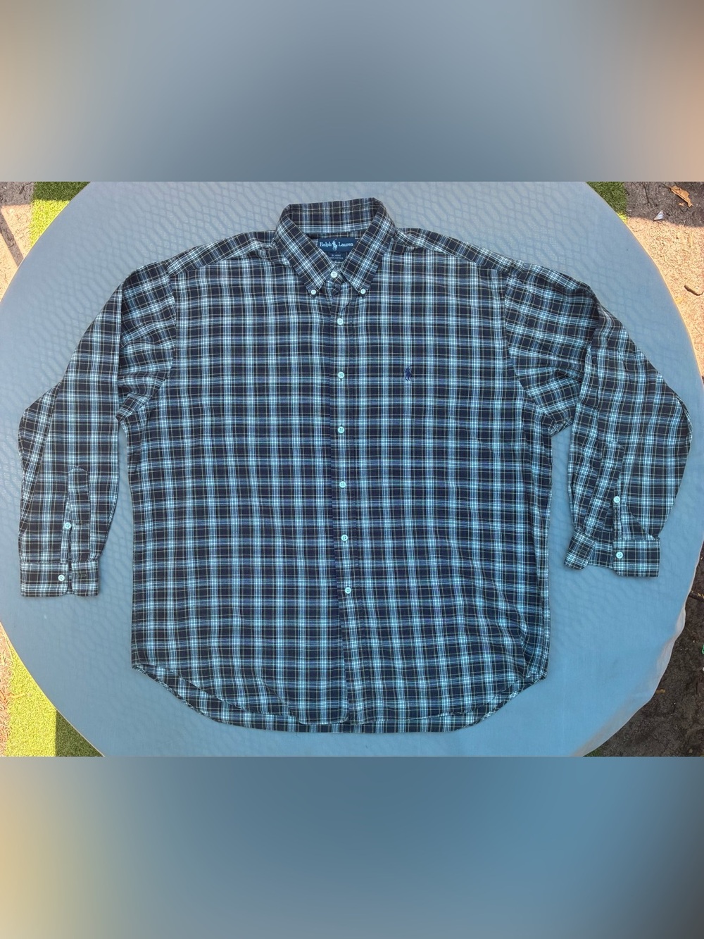 Ralph Lauren Men's Navy and Light Blue Plaid Button-Down Shirt